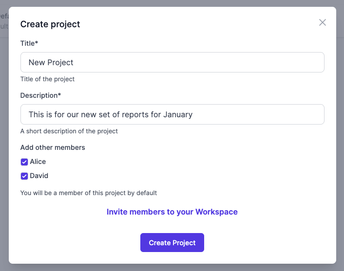Create a Project modal